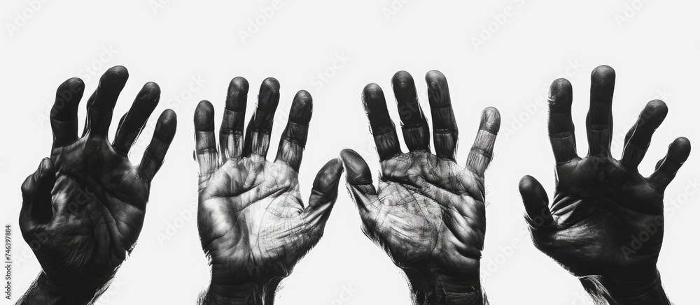 A group of five hands, belonging to men, reaching up towards the sky. The hands are isolated against a white background, symbolizing unity and aspiration. A group of five hands, belonging to men, reaching up towards the sky. The hands are isolated against a white background, symbolizing unity and aspiration.