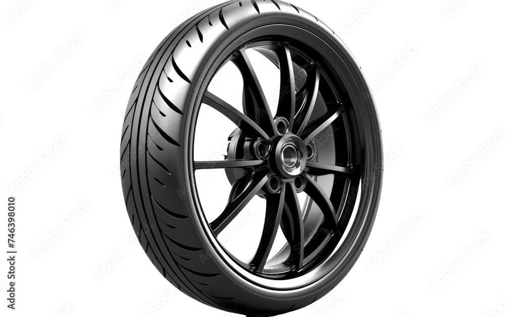 Close Up of Motorcycle Tire. The textured rubber tread is prominent with intricate patterns and grooves The tire appears new and well maintained on a White or Clear Surface PNG Transparent Background.