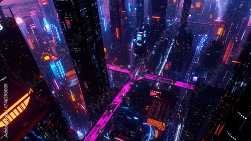 Abstract neon city icon. Enchanting, cityscape, neon lights, radiance, wonder, fascination, urban landscape, pulsating energy, downtown, nightlife. Generated by AI