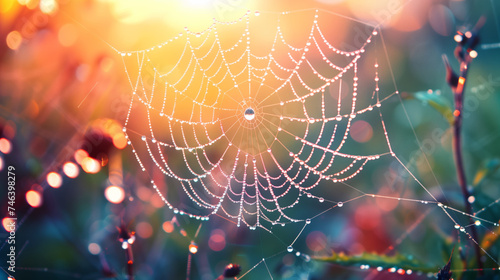 A spider web with dewdrops against the sunrise background photo