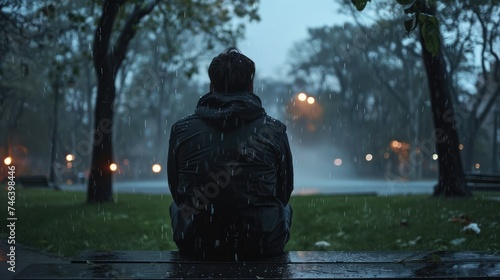 Sad man sitting in the park alone in the rain, AI generated Image
