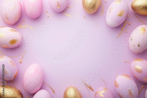 Top view of a unique frame created from painted Easter eggs against a light solid background, embodying the essence of Easter
