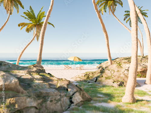 hidden beach nook with a yellow umbrella and chairs nestled among rocks and tall palm trees, overlooking the vibrant blue ocean. Summer holidays concept. © TheCatEmpire Studio
