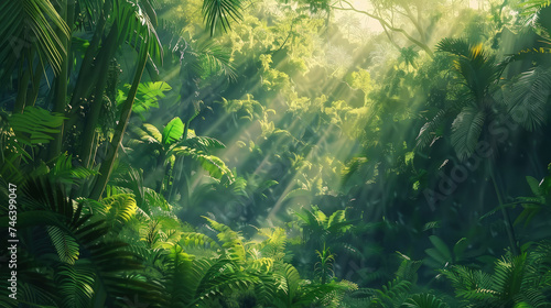 The image showcases a dense and lush green forest filled with numerous trees of various sizes, creating a rich and verdant landscape in nature © sommersby