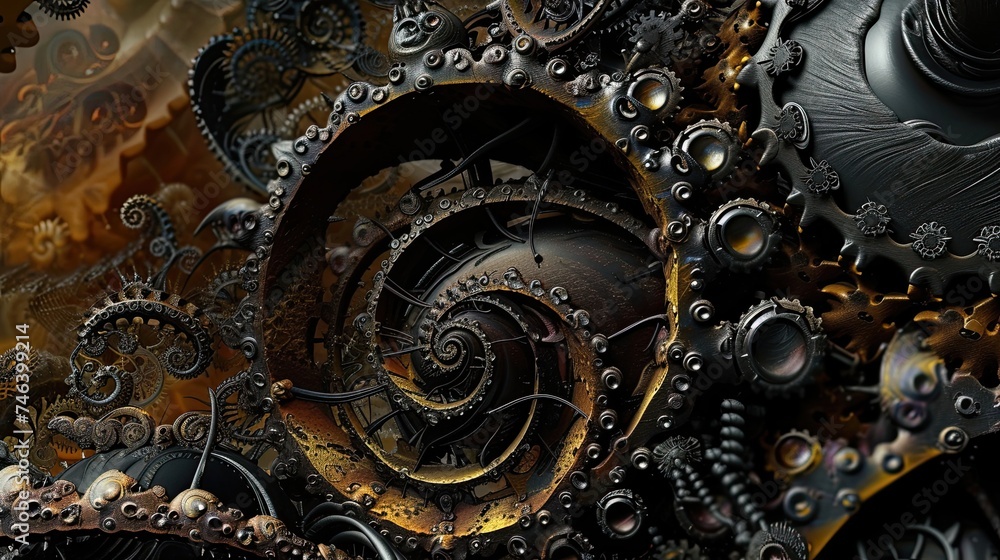 Abstract twisted metal and gears. Industrial, machinery, engineering, complexity, technology, gears. Generated by AI.