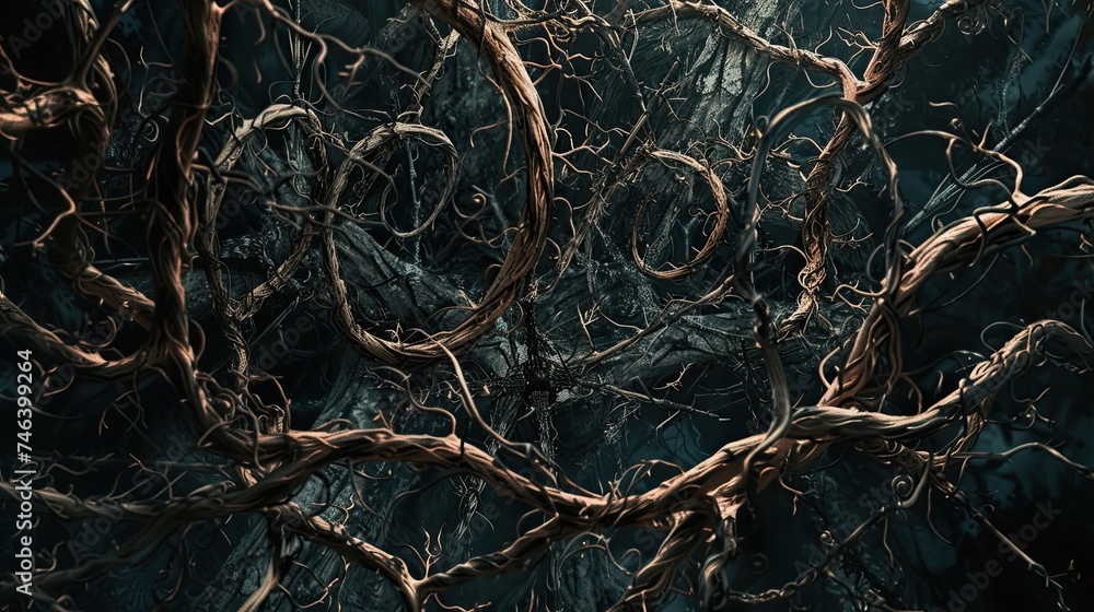 Abstract twisted vines and thorns entangled in darkness. Foliage, creepy, tangled, spooky, wild, nature, mysterious, shadowy, overgrown. Generated by AI.