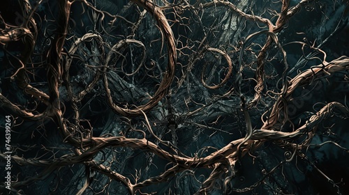 Abstract twisted vines and thorns entangled in darkness. Foliage, creepy, tangled, spooky, wild, nature, mysterious, shadowy, overgrown. Generated by AI.
