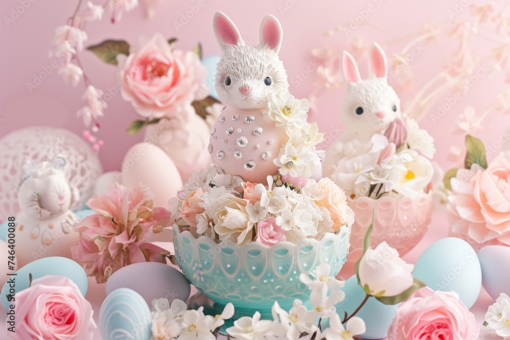 An Easter greeting card featuring a charming Easter bunny and beautifully painted eggs in soft pastel hues An Easter greeting card featuring a charming Easter bunny and beautifully painted eggs in soft pastel hues