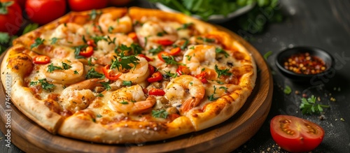 Delicious seafood pizza with succulent shrimp, fresh tomatoes, and aromatic herbs on a wooden table