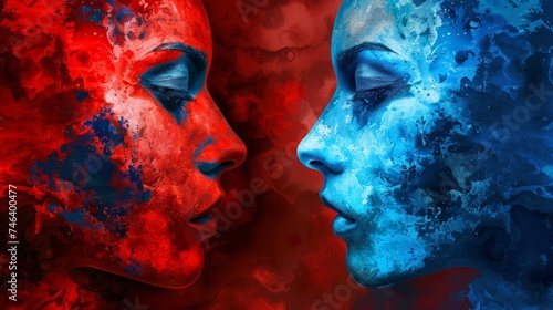 Zwei Personen schauen sich an, Rot und Blau photo