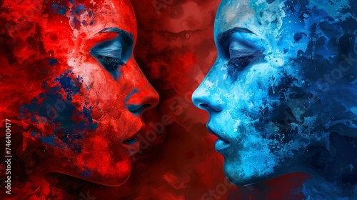 Zwei Personen schauen sich an, Rot und Blau