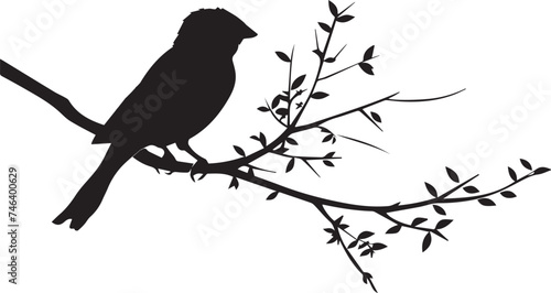 Black silhouette bird on the tree branch white background