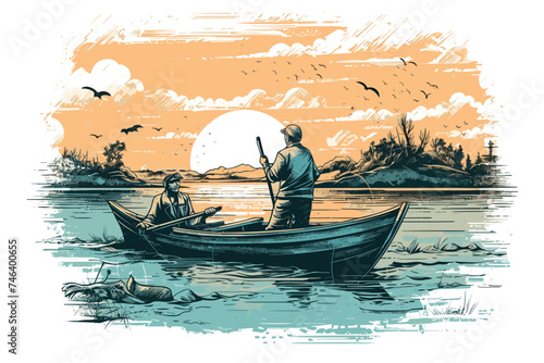 Art painting Hand drawn Watercolor ,sea ,wave ,boat, birds