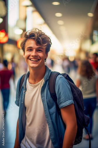 Closeup vertical portrait of a happy young man in the mall. Smiling handsome man. © Emre Akkoyun