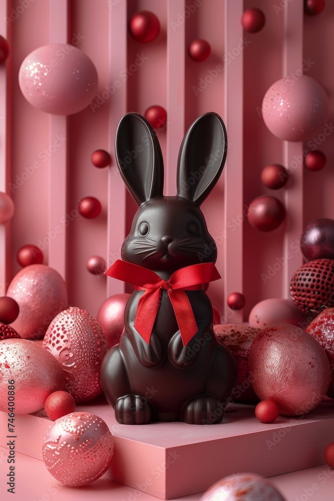 lapin de pâques en chocolat avec un ruban rouge dans un décor luxe