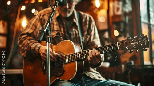 Nostalgia Musician playing guitar in a pub vintage decor with folk music vibes background 