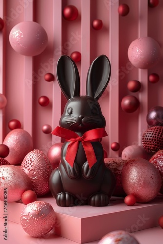 Obraz na płótnie lapin de pâques en chocolat avec un ruban rouge dans un décor luxe w salonie