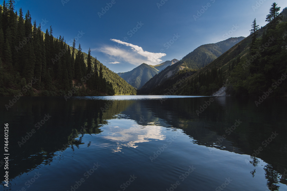landscape with Lake Kolsai in the Tien Shan mountains in Kazakhstan in summer