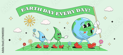 Earth Day banner with groovy Earth, leaf and water drop characters holding a ribbon with text greeting. Vector illustration.
