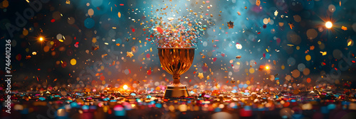 Golden trophy with confetti and bokeh lights in the background, 
 photo