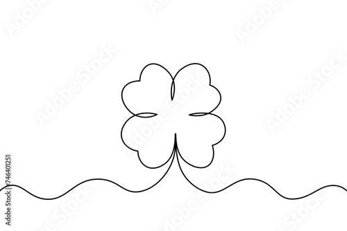 Continuous drawing line with a large clover outline isolated on a transparent background. Happy St. Patrick's Day banner. Black line vector illustration