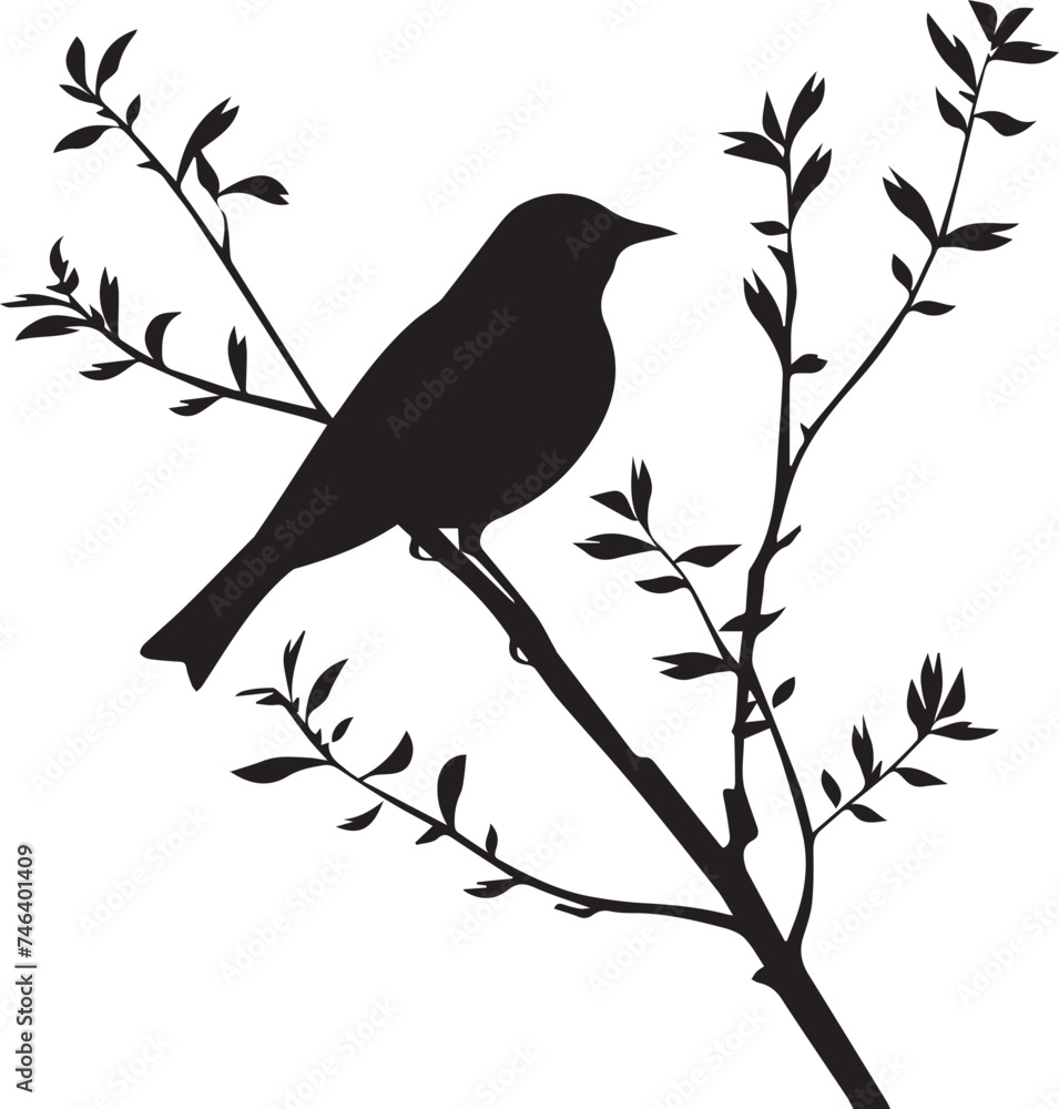 Black silhouette bird on the tree branch white background Black silhouette bird on the tree branch white background