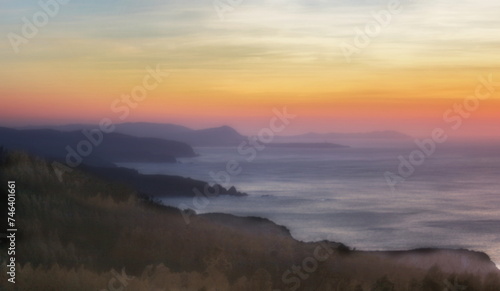sunset on the north coast, sunset with fog, Valdoviño, A Coruña, Galicia, Spain,