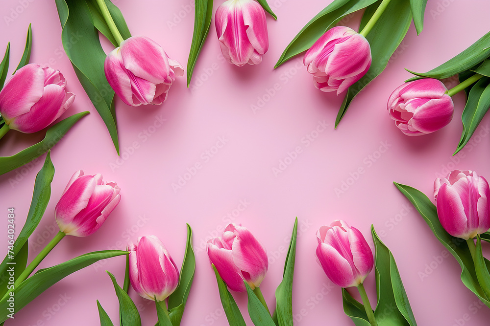 Women's Day, Mother's day top view, light pink solid background; frame from pink tulips flowers, studio light Women's Day, Mother's day top view, light pink solid background; frame from pink tulips flowers, studio light