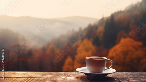 a cup of hot on the background of a blurry autumn landscape