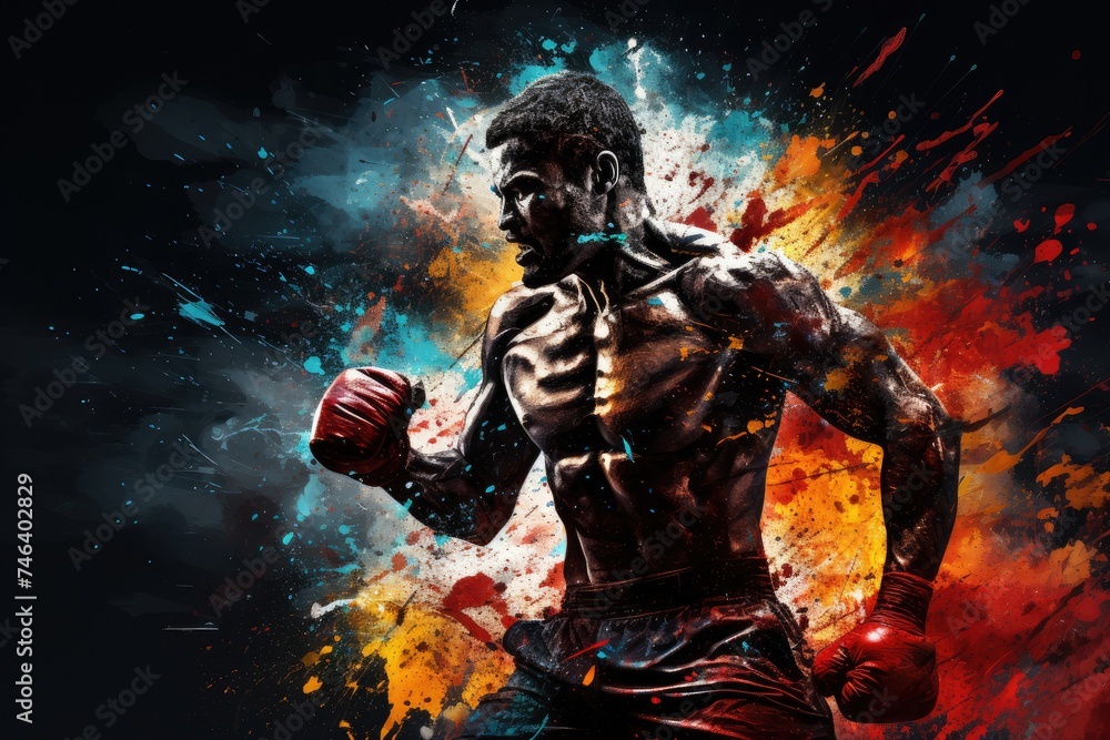Watercolor abstract illustration of Boxing. Athletic man boxer wearing gloves in colorful Paint Splash style. Player watercolour painted image. Sport Background with brush strokes and paint splatters