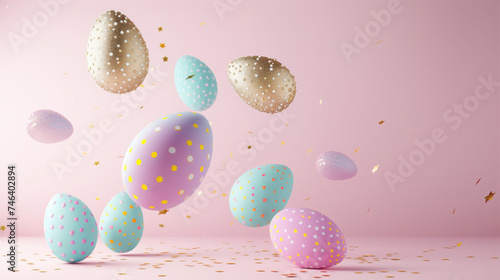 Painted Easter eggs flying on a pink background