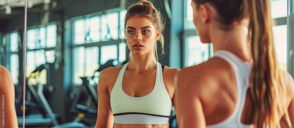Motivated slim woman training at the gym, observing herself in the mirror.