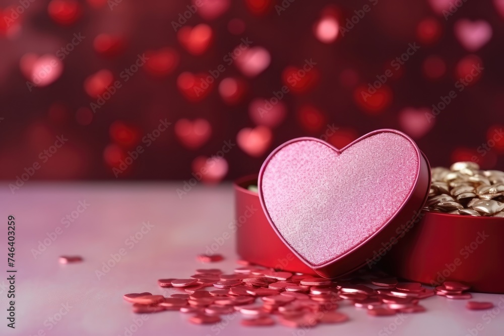 Obraz premium Chocolate treats in a red heart box, love symbol. Valentine's Day Chocolates in Heart-Shaped Box