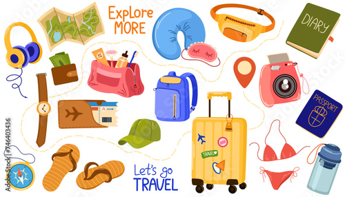 Travel set. Tourists objects bundle, map, camera, baggage, hat, backpack, documents, pillow and sleep mask. Accessories needed in trip. Vacation, summer holidays. Hand draw Vector illustration