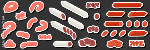 Illustration on theme big set different types delicatessen meat sausages