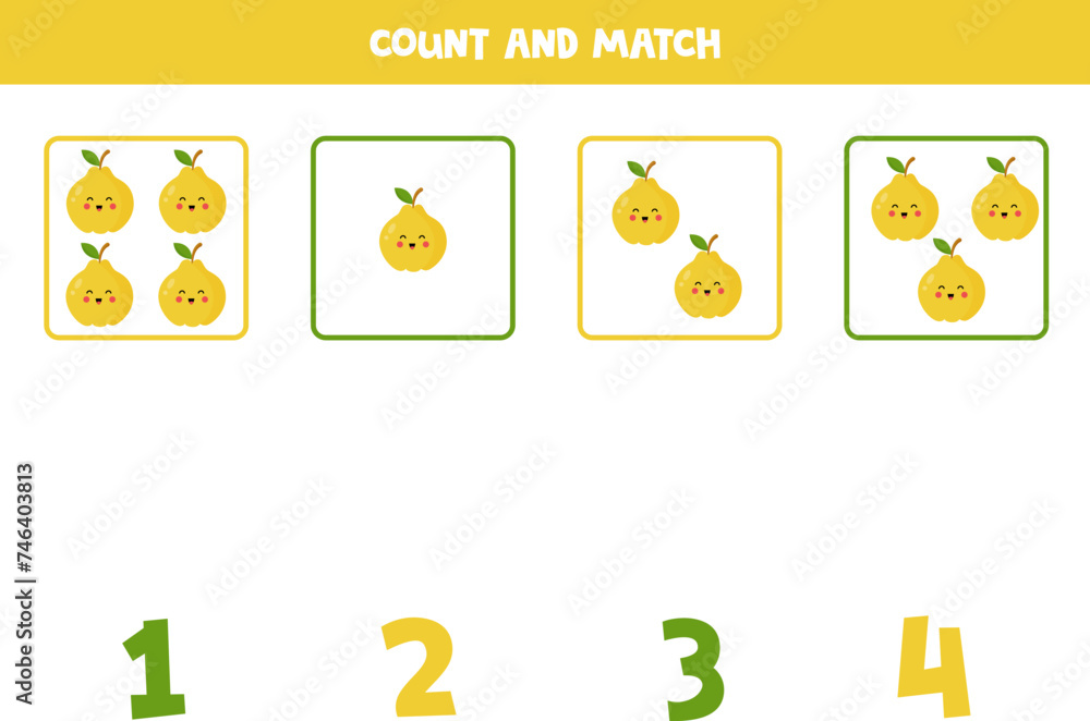 Counting game for kids. Count all quinces and match with numbers. Worksheet for children.