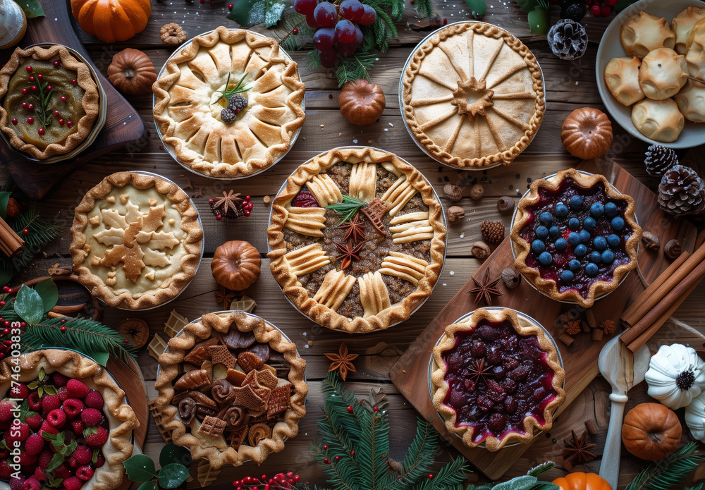 View from above different pies with berry and apple fillings on a table decorated with fir rosettes, Christmas table festive feast