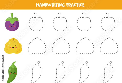 Tracing contours  for kids.  Cute kawaii fruits and vegetables. Handwriting practice.