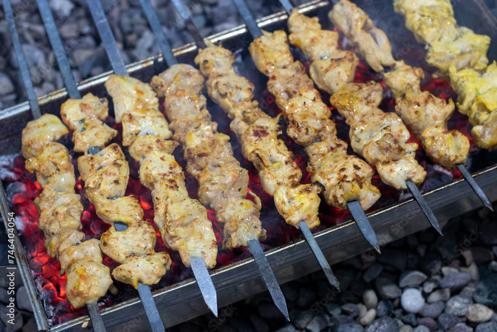 Juicy Chicken Kebab Grilling Over Hot Coals, Sizzling Skewers 