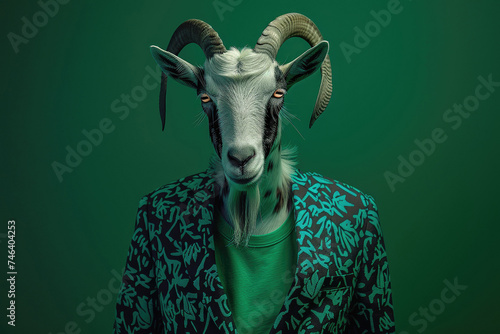 Stylish goat in neon green digital pattern suit on dark green studio background © boxstock production