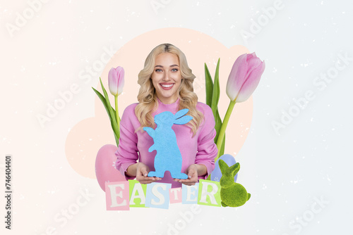 Creative 3d photo artwork collage of beautiful joyful girl hold figure bunny rabbit easter eggs bouquet tulip topiary bush isolated on colorful background