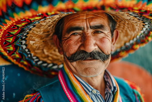 portrait of a Mexican musician with a mustache in a traditional costume and smbrero