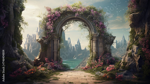 Ancient Greek antique arch in flowers on the background of the lake and mountains