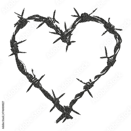 Heart shaped barbed wire with retro photocopy effect. Stippling technique. Texture of dots.