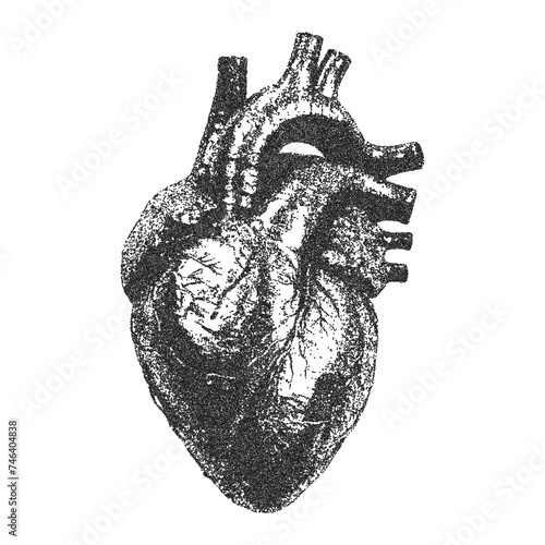 Human heart with retro photocopy effect. Stippling technique. Texture of dots.