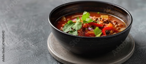 A close-up view of a black bowl on a concrete table filled with a hearty stew of hamburger, cabbage, red pepper, onion, tomatoes, and freshly chopped coriander.