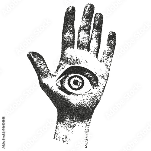 Psychedelic hand and eye with retro photocopy effect. Stippling technique. Texture of dots.