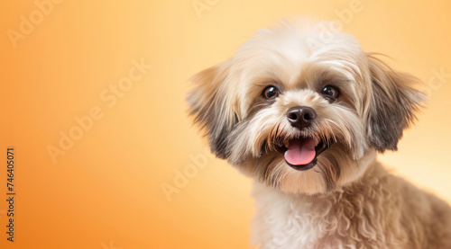 Happy light peach puppy smiling cutely on an isolated peach background. Soft and bright shades, professional studio lighting, banner, close-up. Copy space