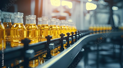 Manufacturing Production Line with Bottling and Automation. Conveyor Belt with Juice in Glass