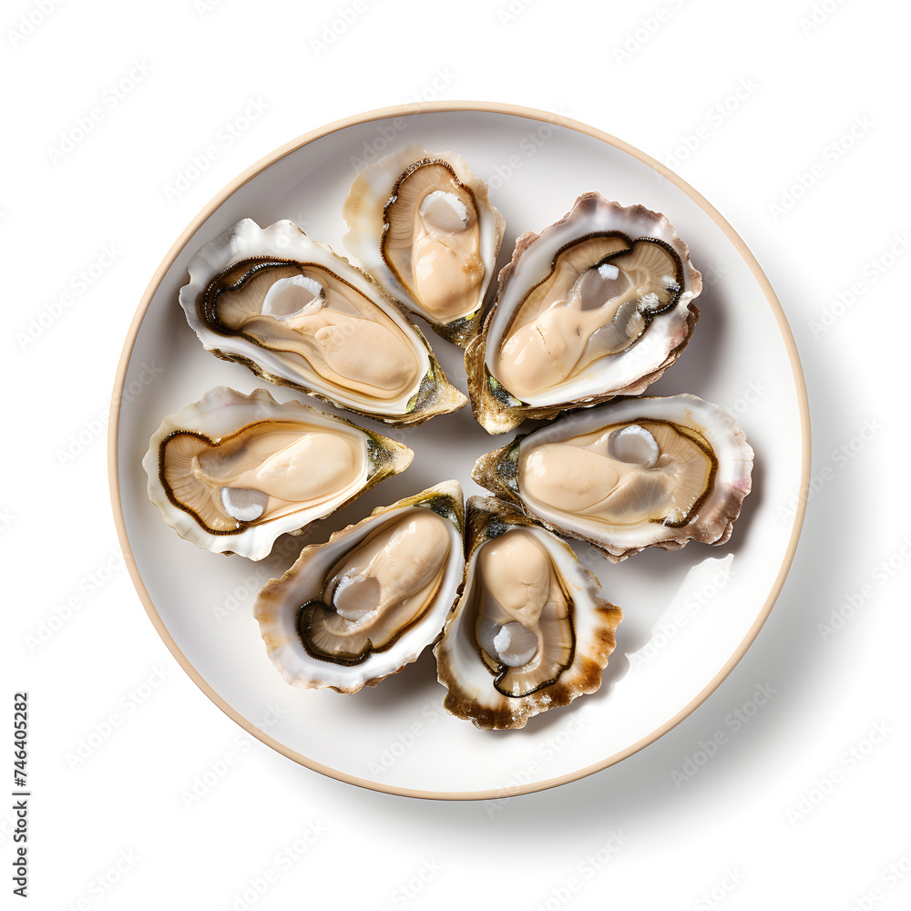 A plate of fresh oyster top view isolated on white background A plate of fresh oyster top view isolated on white background